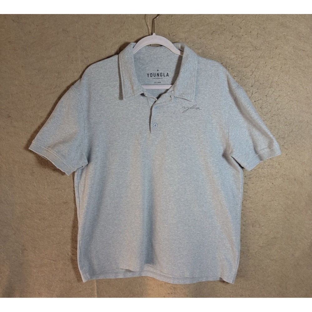 YoungLA Polo Shirt Mens‎ XXL Gray Script Logo Pullover Stretch Gym Beach